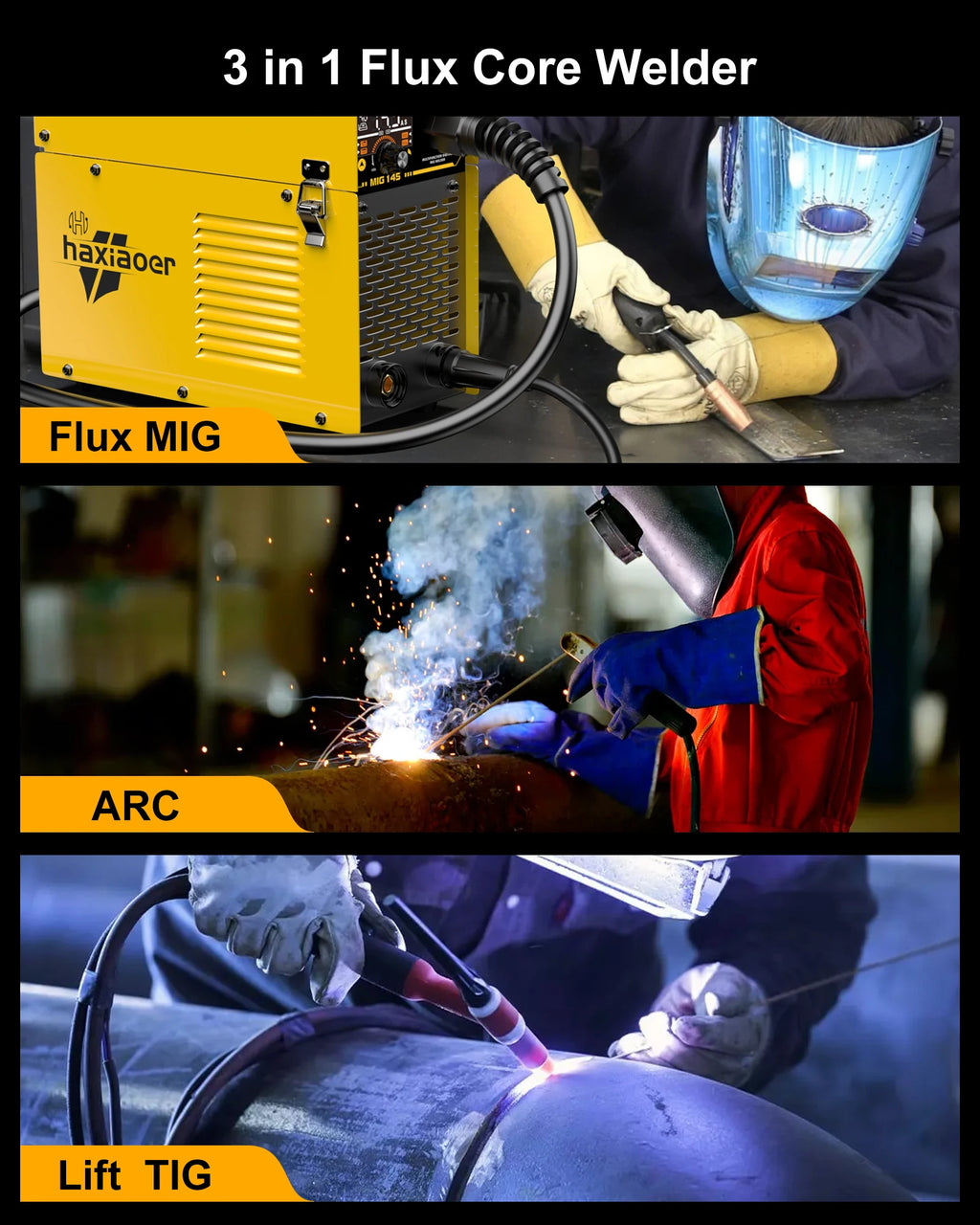 Haxiaoer MIG145 Welding Machine MMA/GASLESS MIG/LIFT TIG 120A Welder Flux Core Welder for Carbon Steel Stainless Steel