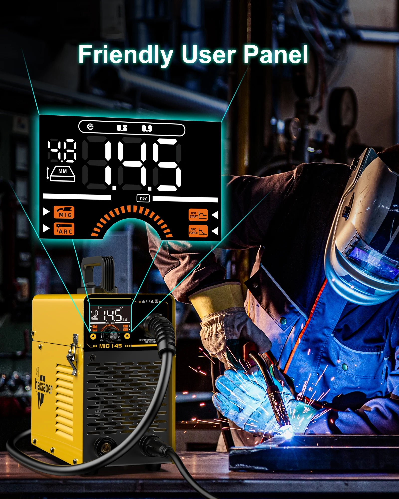 Haxiaoer MIG145 Welding Machine MMA/GASLESS MIG/LIFT TIG 120A Welder Flux Core Welder for Carbon Steel Stainless Steel