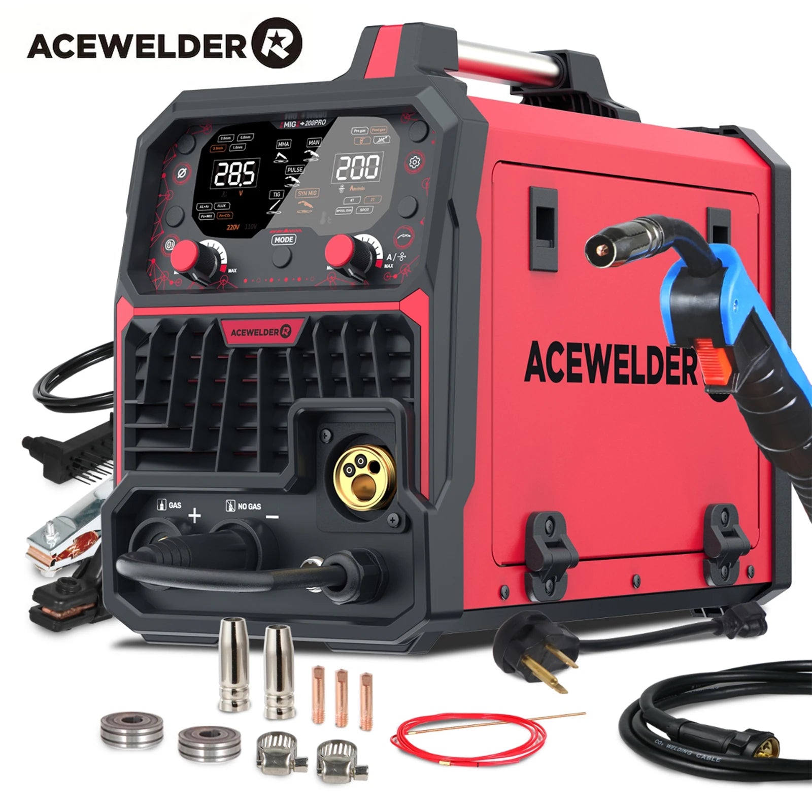 ACEWELDER 200A Aluminum MlG Welder With Pulse Gas MlG Gasless MIG Stick Lift TlG Spot Weld Welder 110/220V