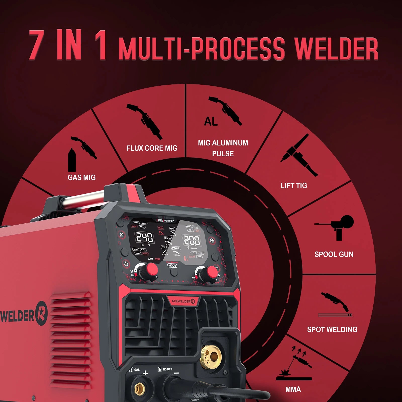 ACEWELDER 200A Aluminum MlG Welder With Pulse Gas MlG Gasless MIG Stick Lift TlG Spot Weld Welder 110/220V